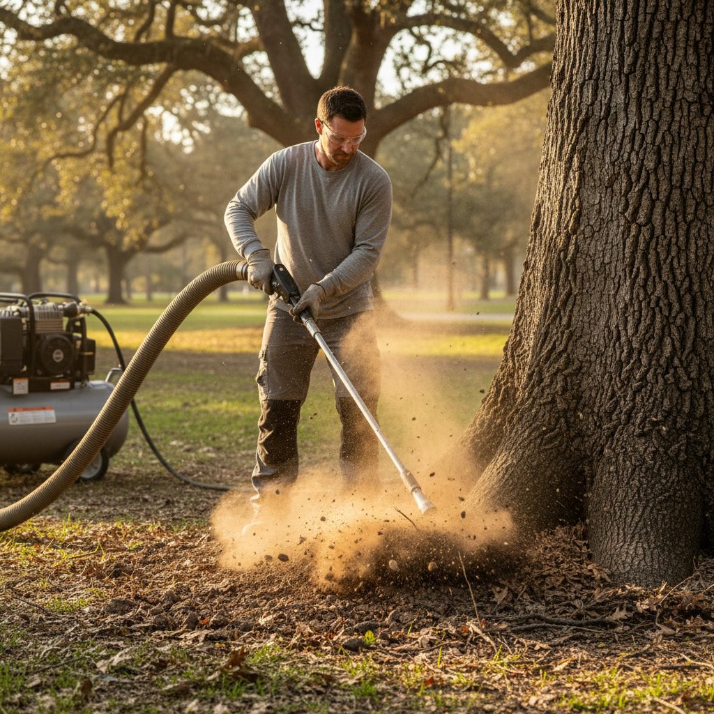 AirSpade soil decompaction treatment around tree roots on Menifee residential property