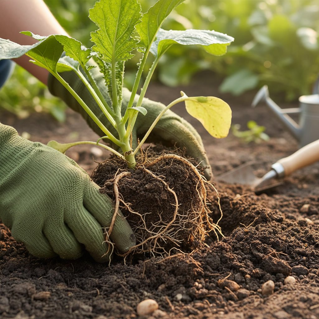 Hands examining healthy soil and plant roots in Murrieta landscape