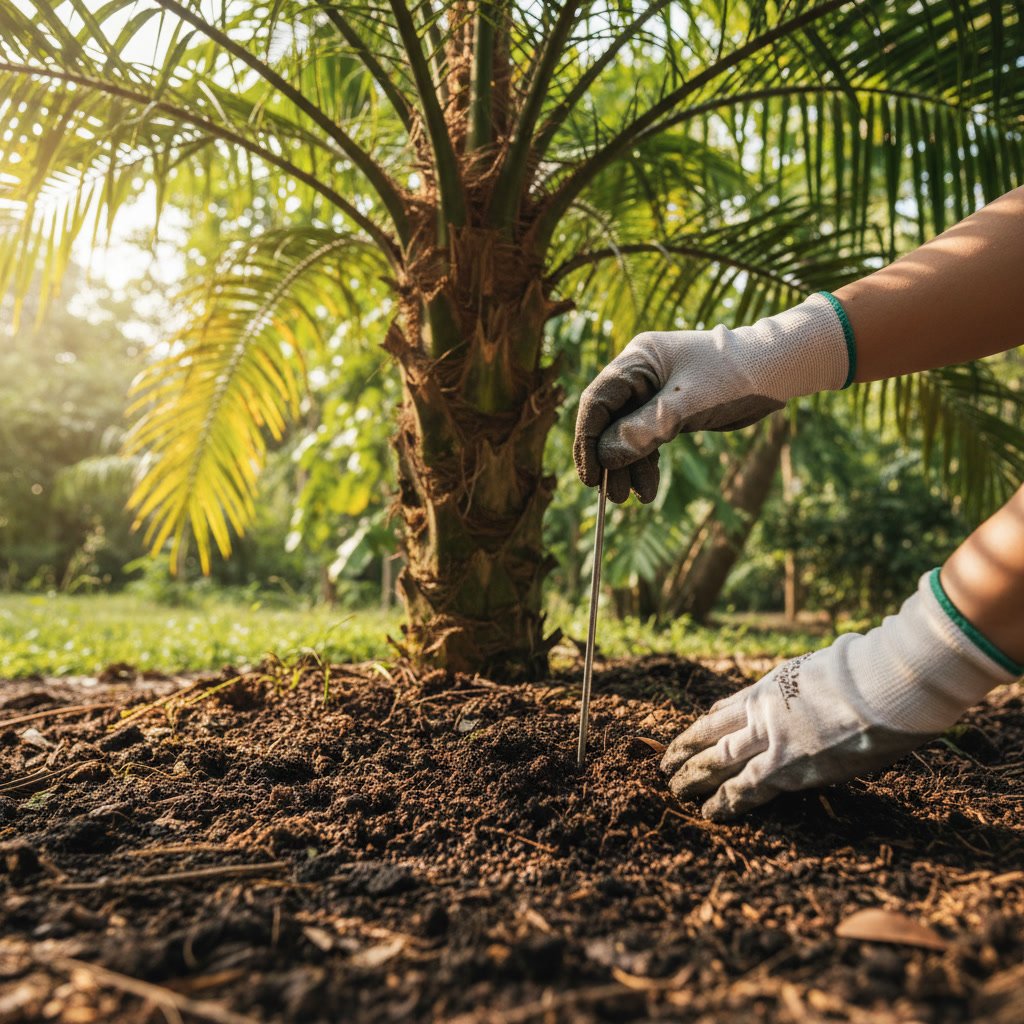 Soil treatment application around palm tree base on Wildomar residential property