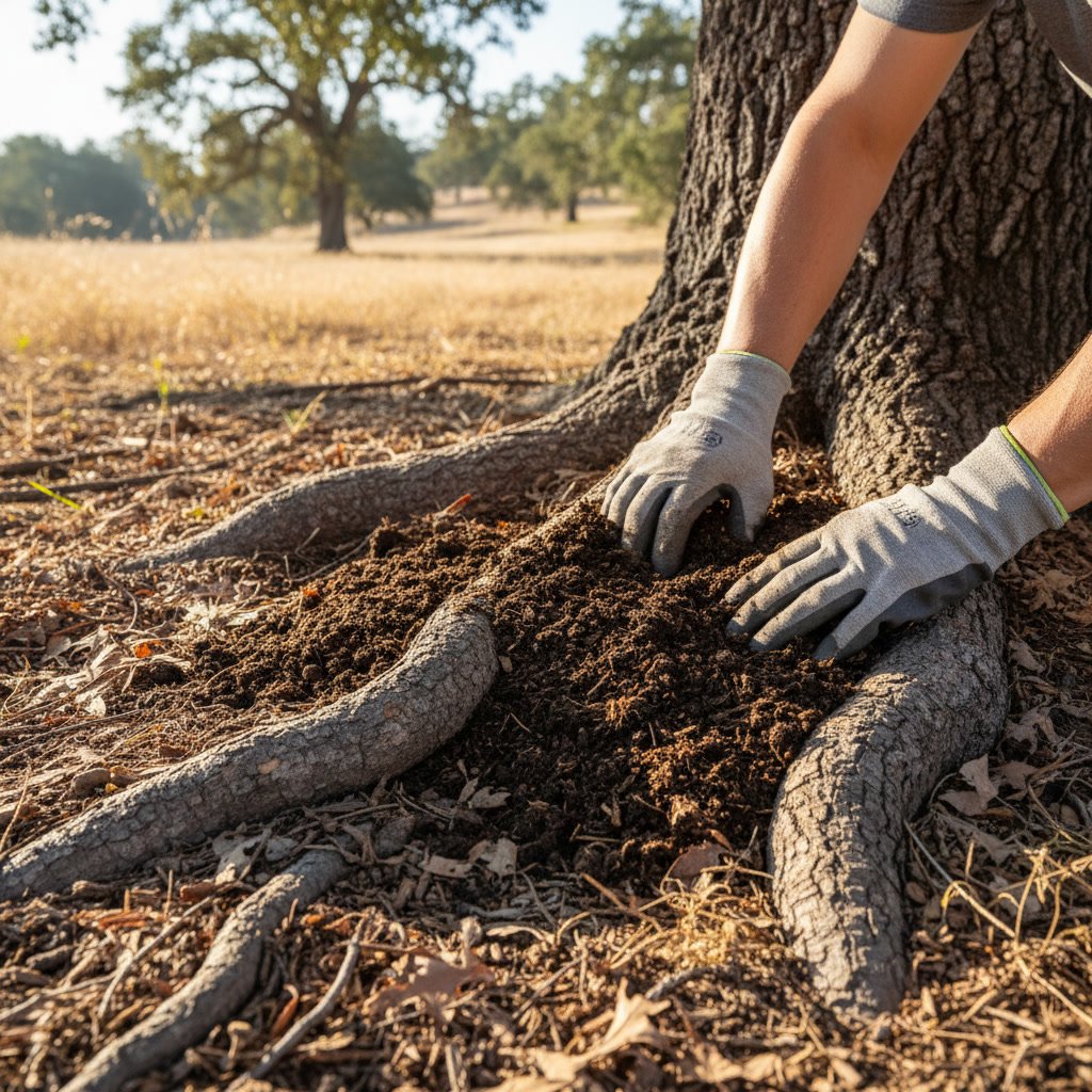 Hands working compost into soil around oak tree roots in San Diego