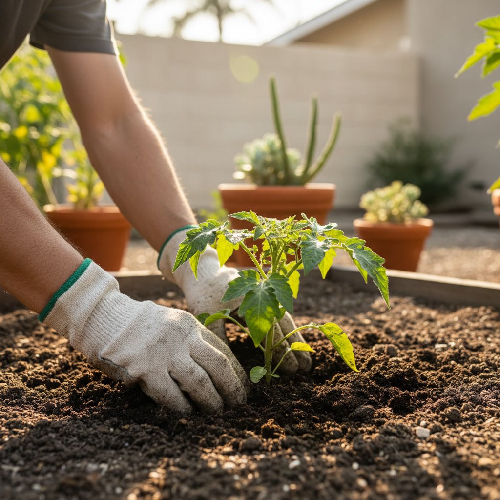 Hands treating healthy garden soil around plant base in Ocean Beach yard