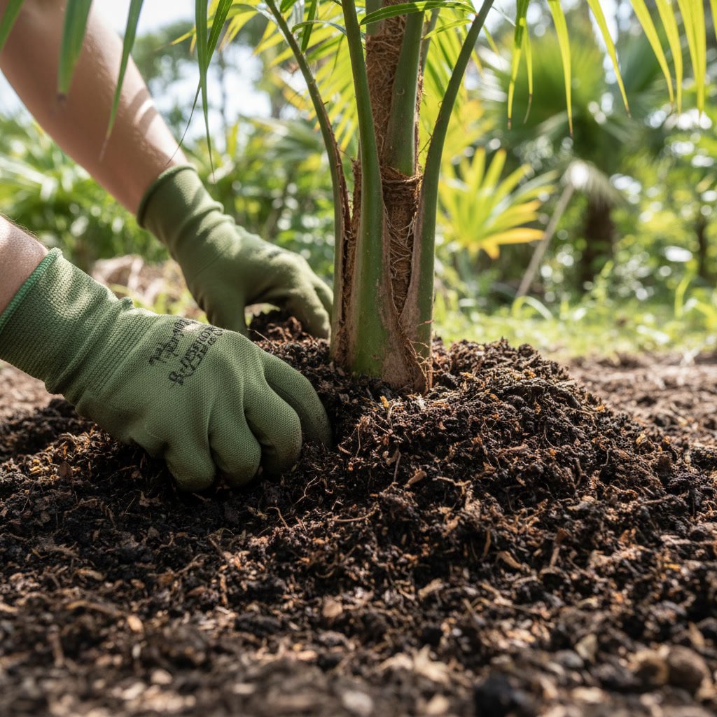 Hands working organic matter into soil around palm tree base in Point Loma