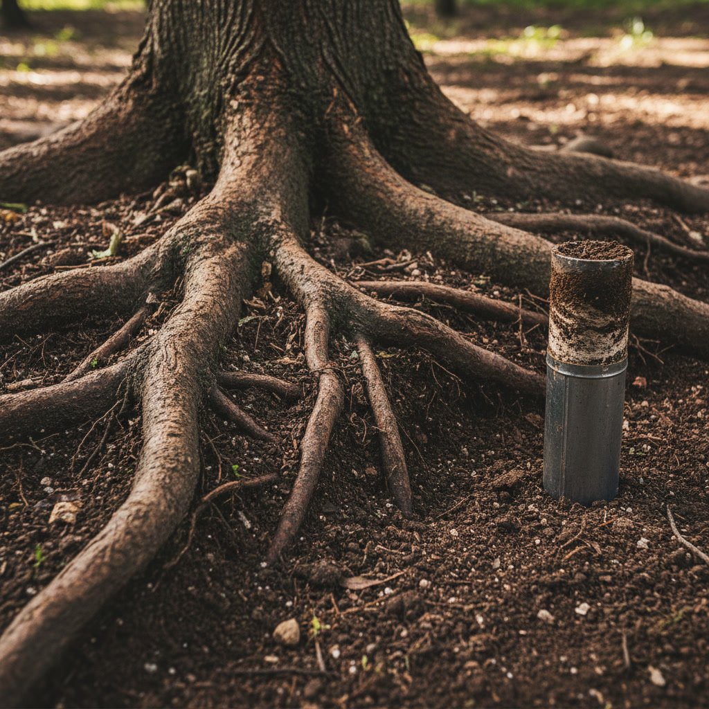 Tree roots in healthy soil with testing probe for El Cajon root health restoration