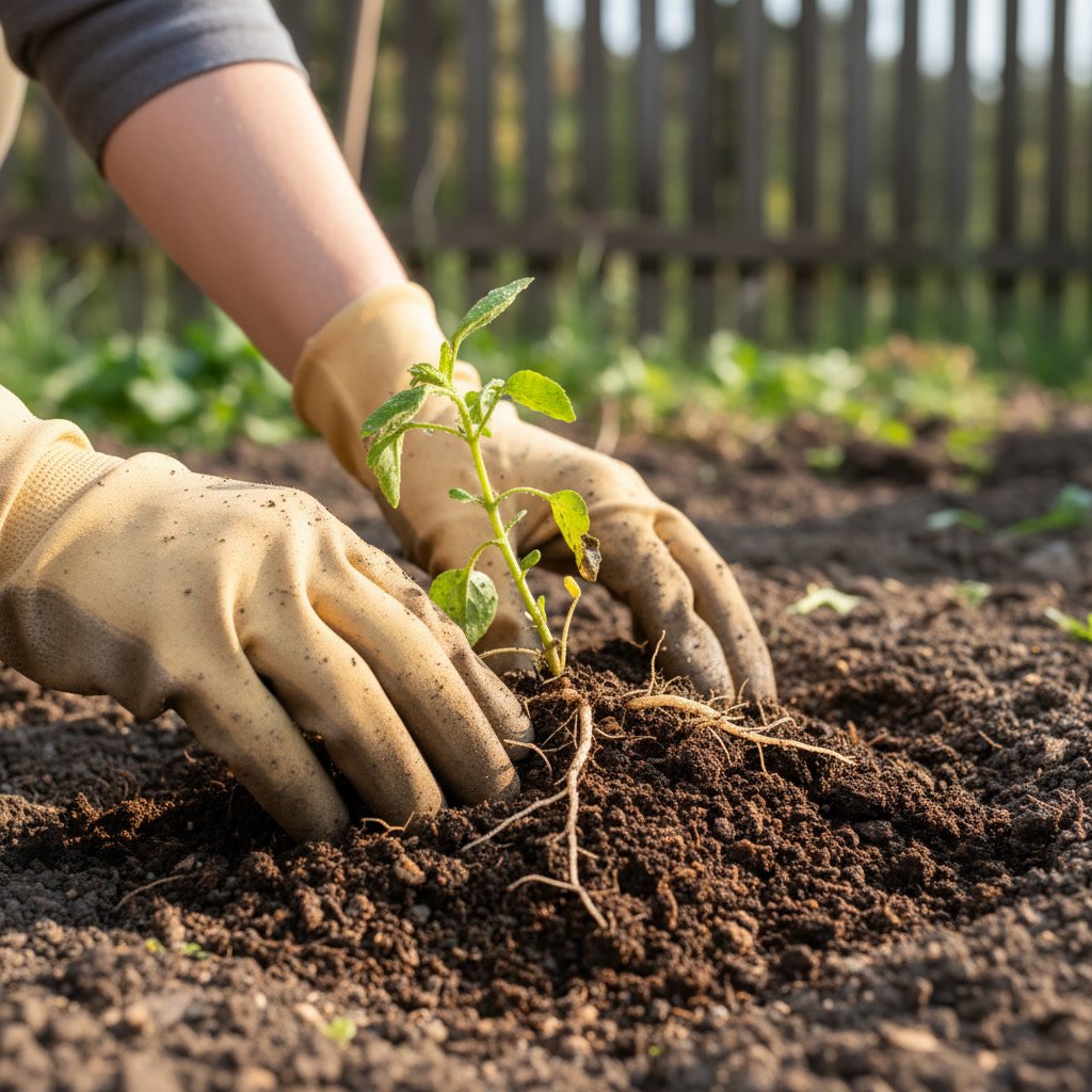 Hands treating soil around plant roots in Temecula garden