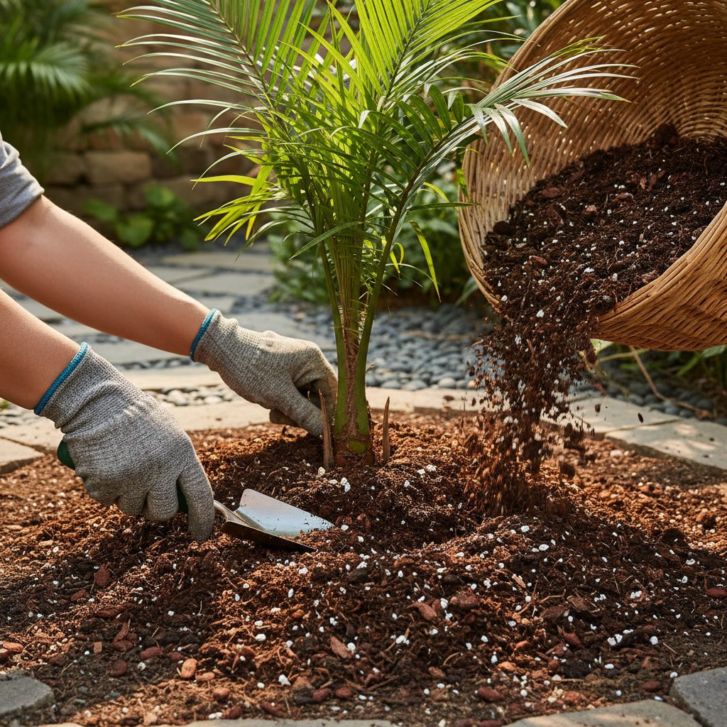 Hands applying organic soil amendments around palm tree base in North County Inland