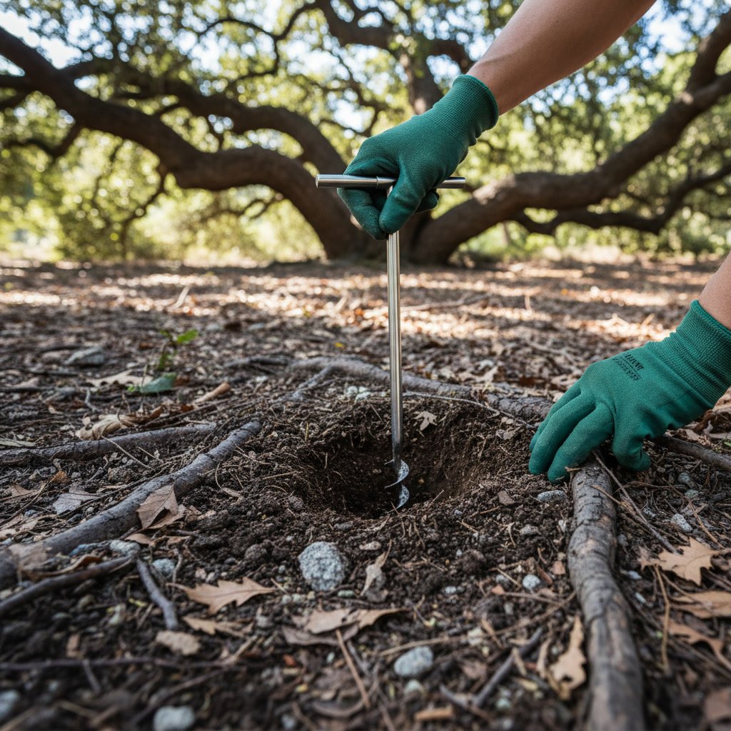 Soil testing and treatment work beneath oak tree in Fallbrook