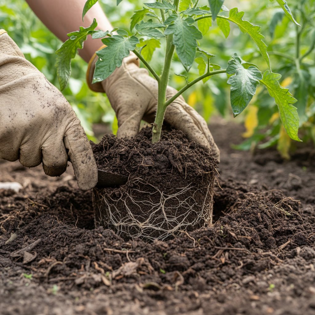 Hands working restored biological soil around plant roots in Bonsall garden