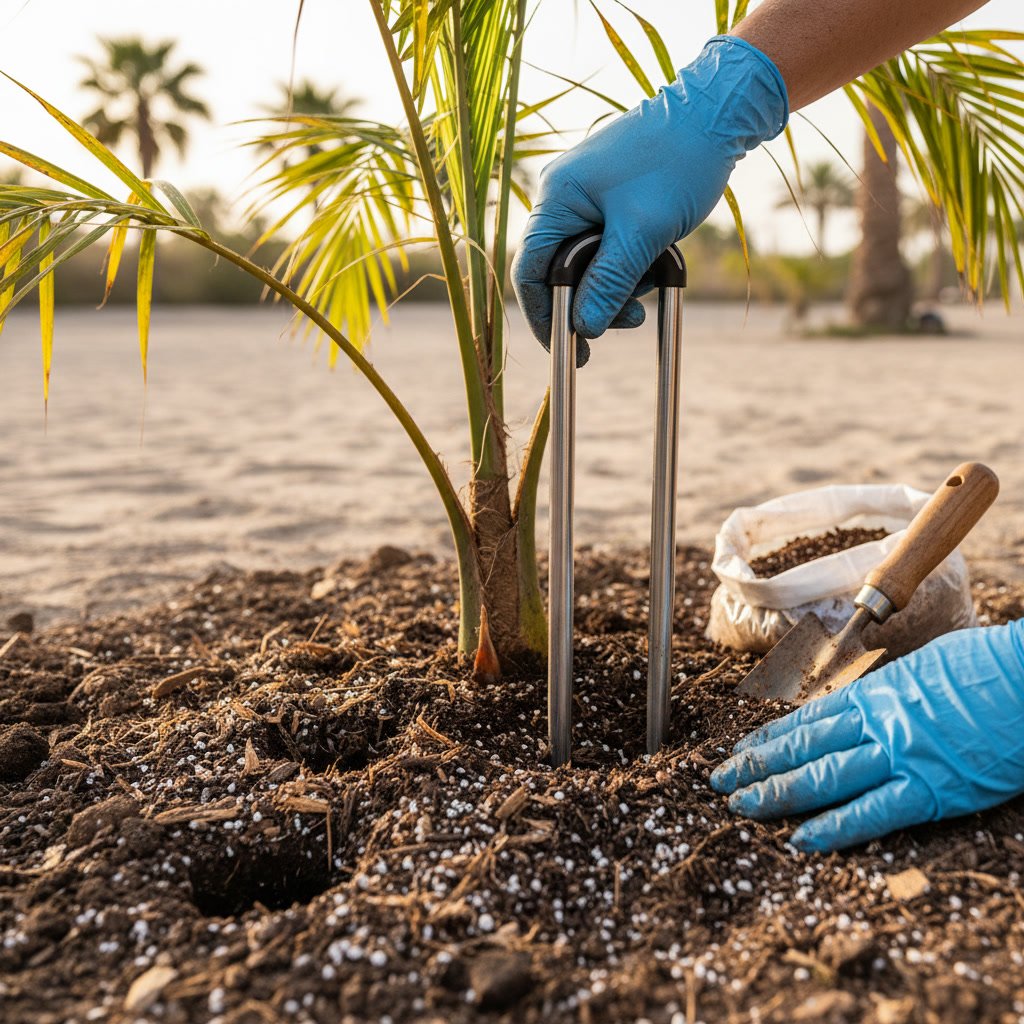 Soil testing and treatment around palm tree base in Rainbow California