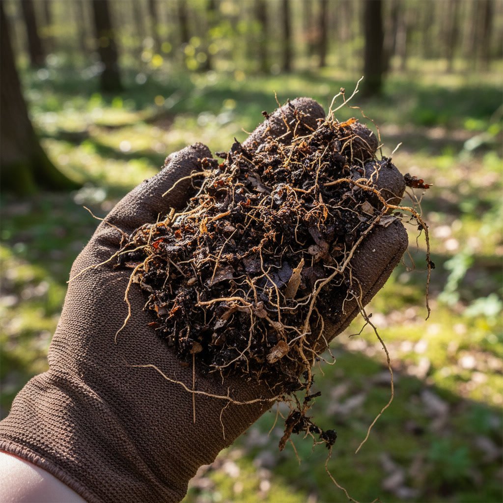Hands holding nutrient-rich living soil during treatment in De Luz