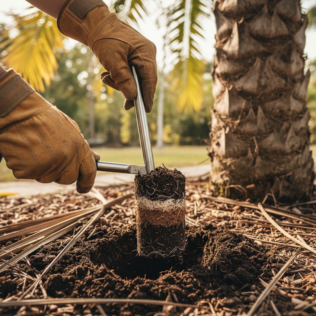 Soil core sample extraction near palm tree base in Valley Center