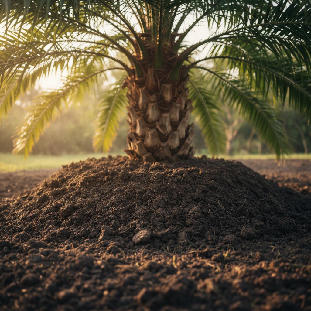 Treated soil around palm tree base in Escondido residential yard