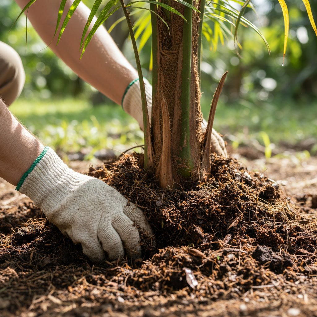 Hands working enriched soil around palm tree roots in Poway landscape