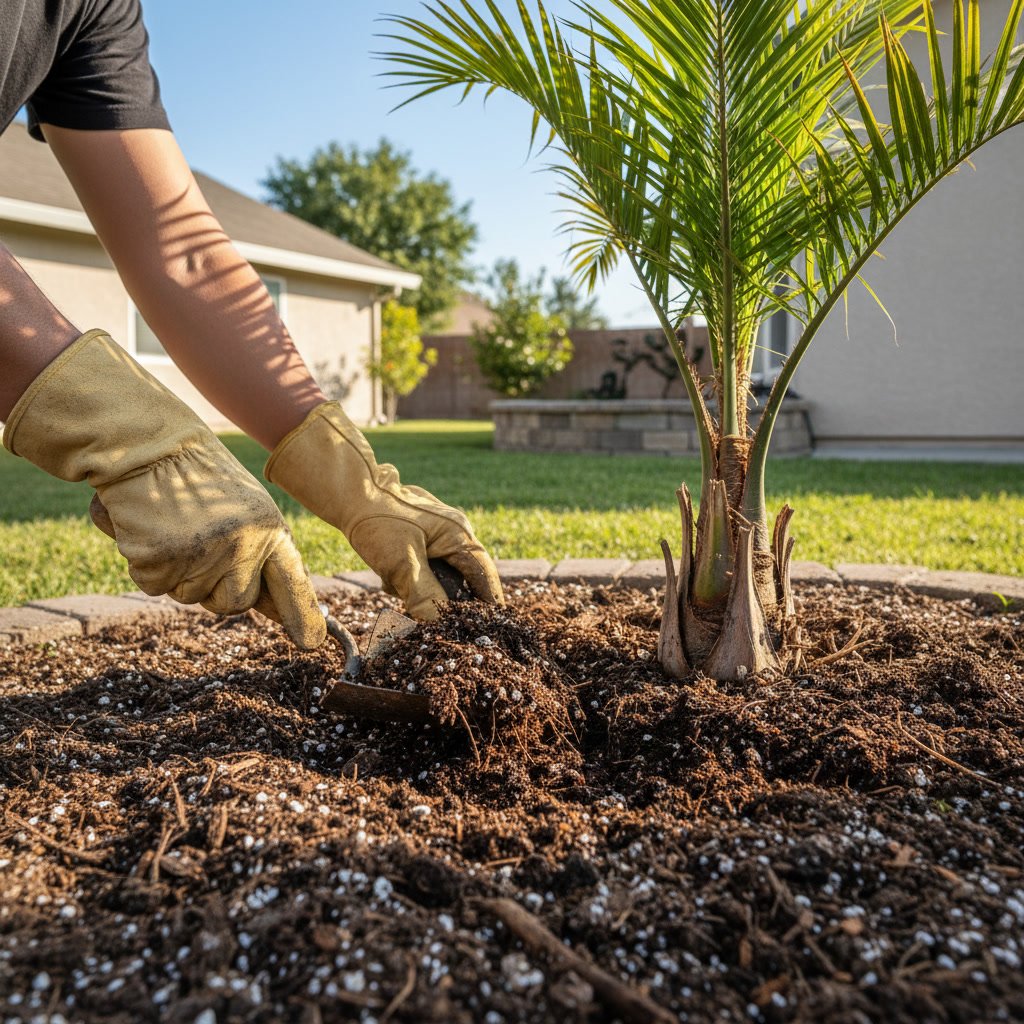 Soil restoration work around palm tree base in Ramona yard