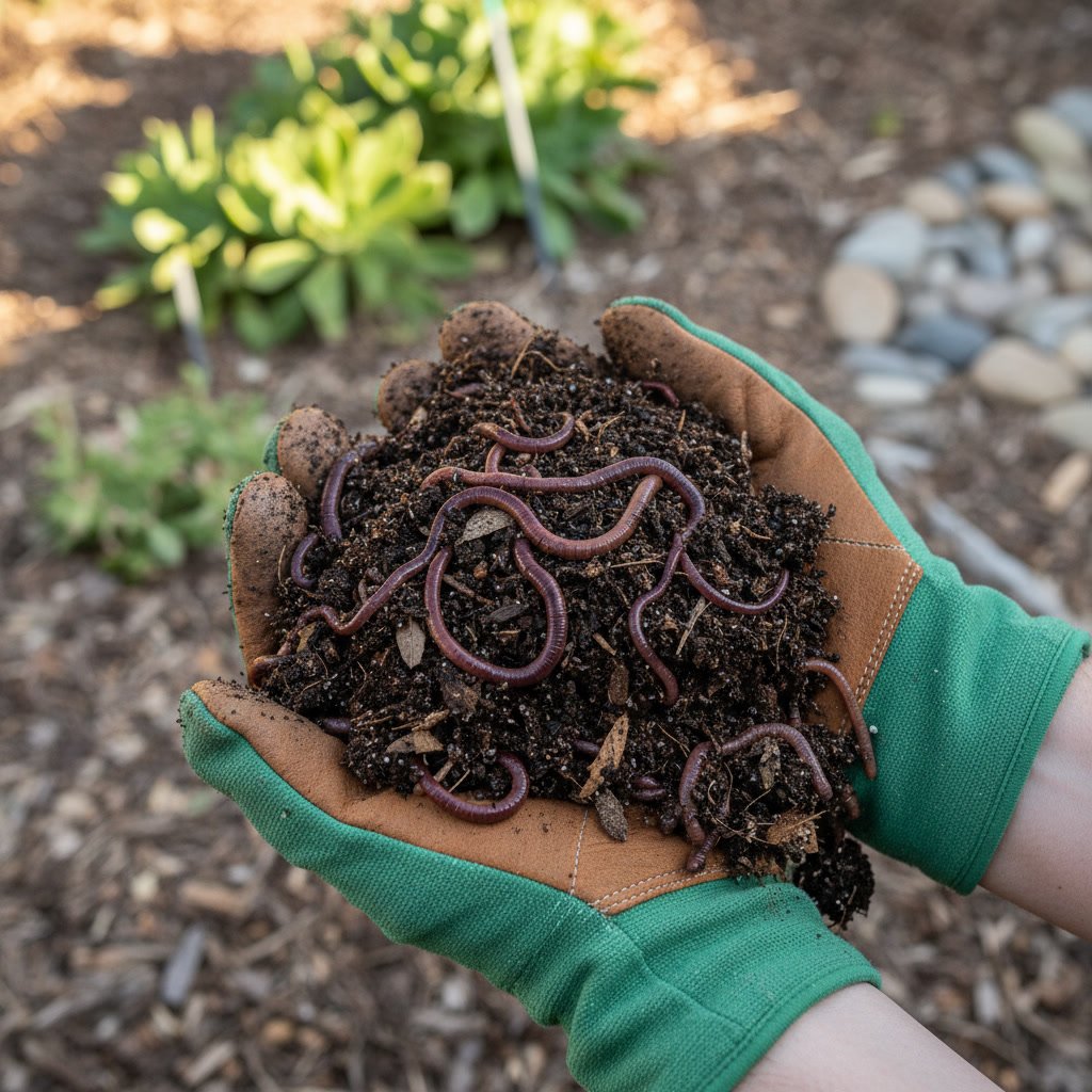 Hands holding rich organic soil with earthworms in San Diego County garden