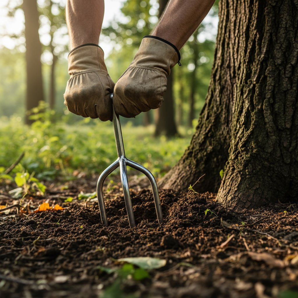 Arborist aerating compacted soil around tree roots in North County Coastal