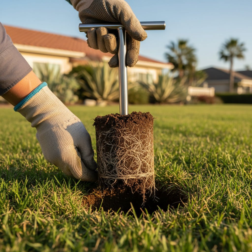 Soil core sample extraction showing restored biology in Del Mar residential lawn