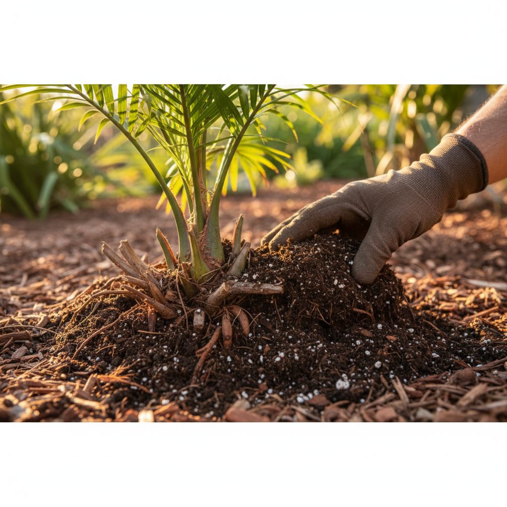Soil restoration treatment around palm tree base in Solana Beach residential yard
