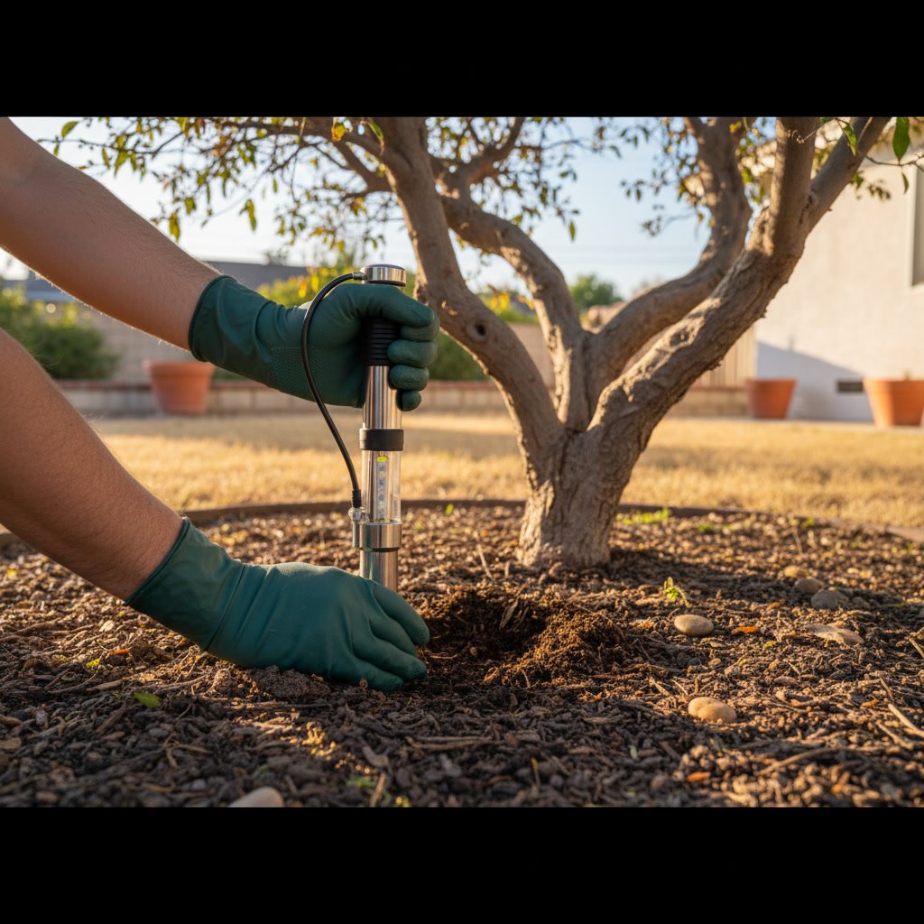 Soil testing and treatment beneath tree in Encinitas residential landscape