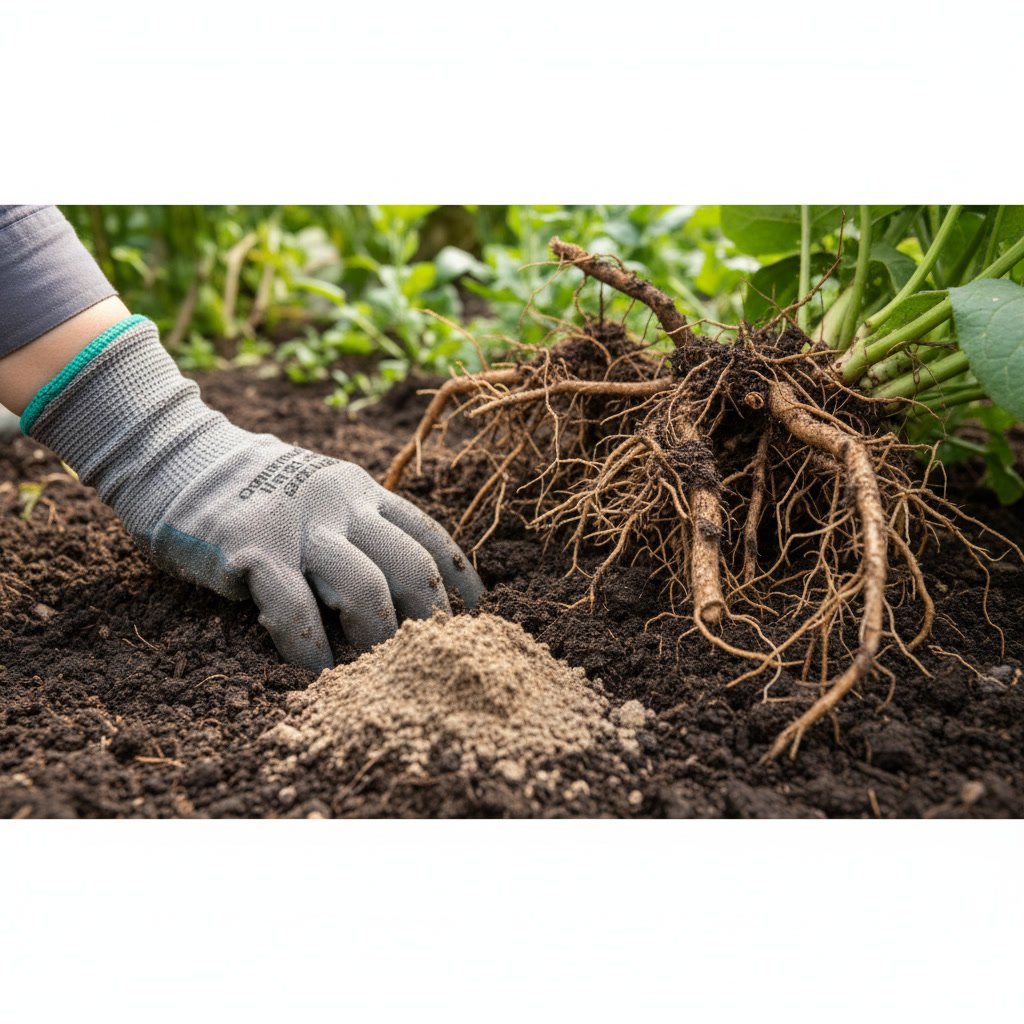 Hand working rich soil around plant roots during soil treatment in Cardiff-by-the-Sea