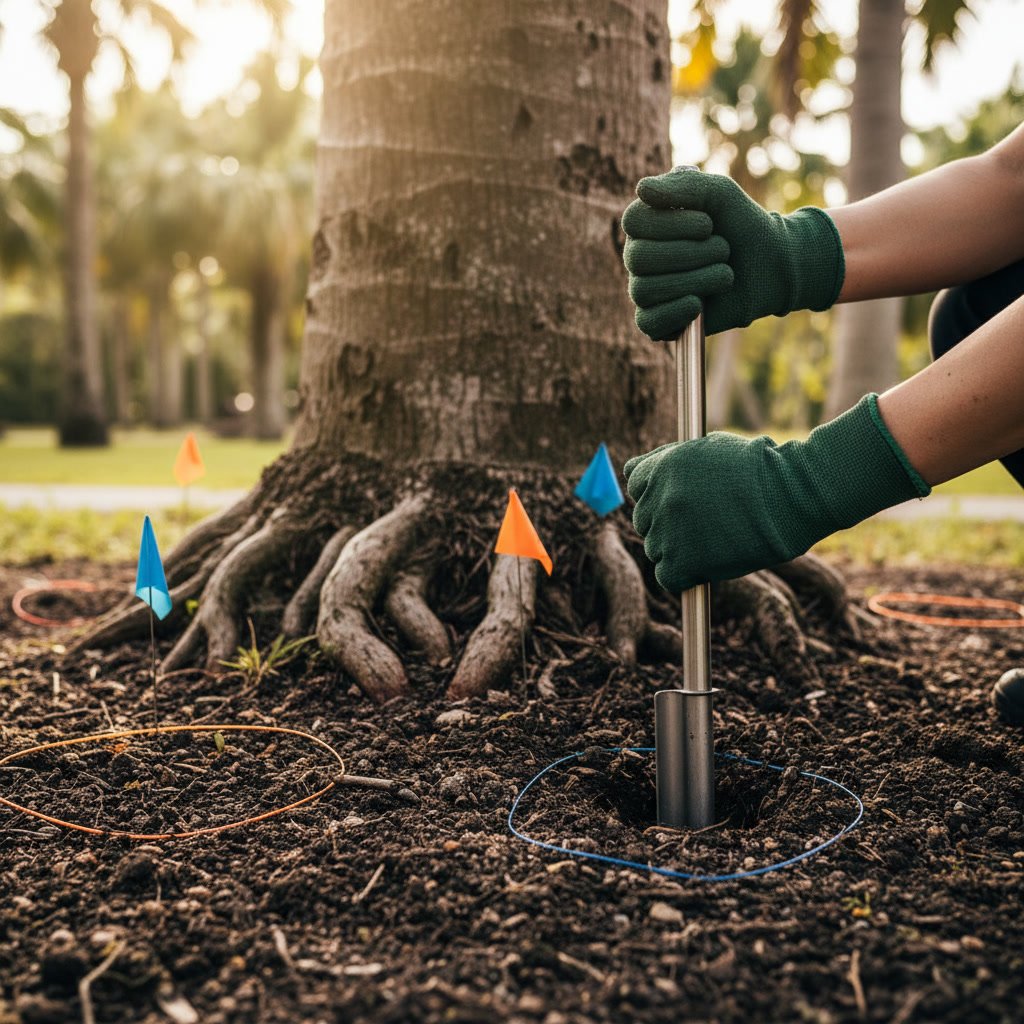 Soil testing and treatment around palm tree roots in Leucadia