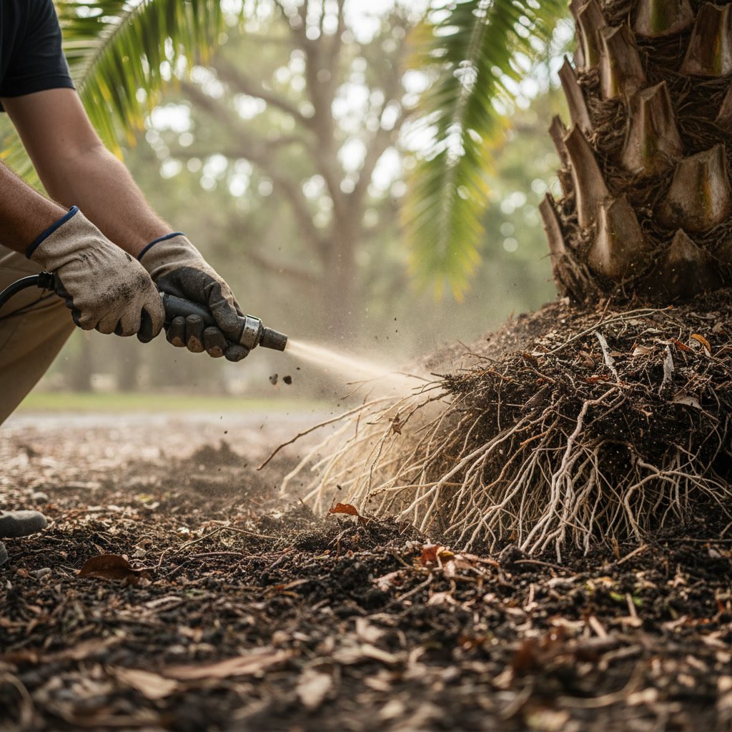 AirSpade soil decompaction treatment around palm roots in Carlsbad yard