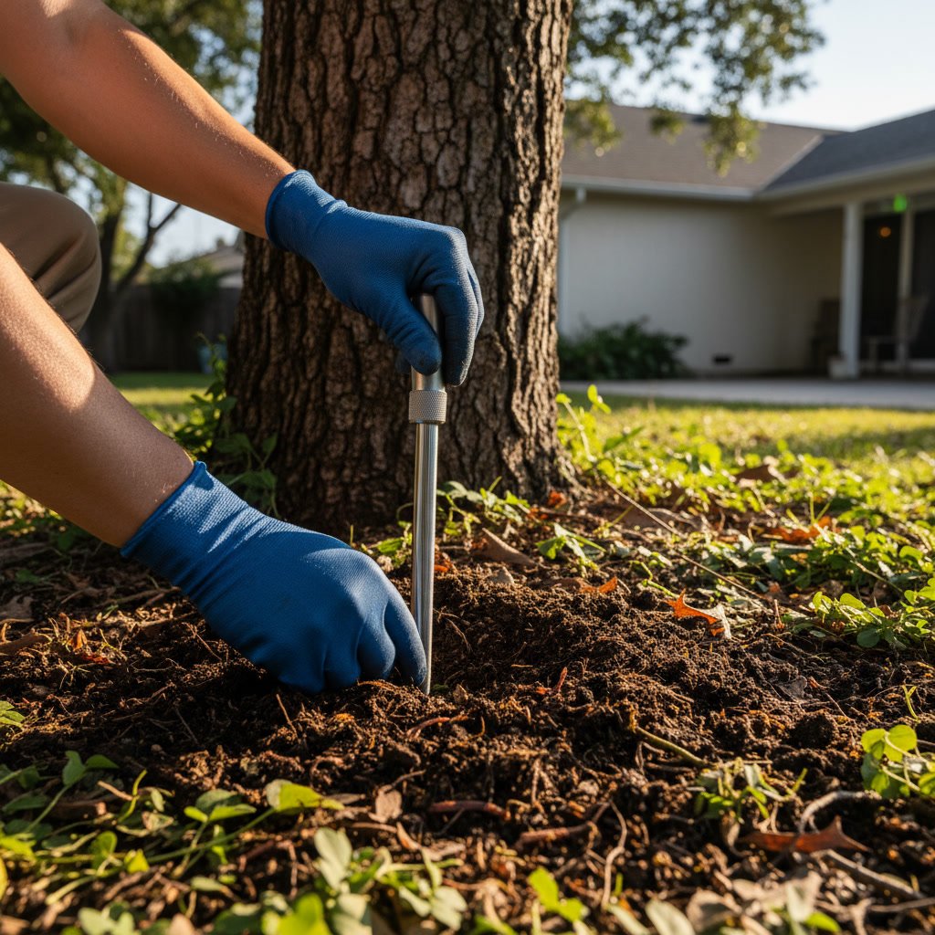 Hands performing soil treatment around tree base in Pacific Beach yard
