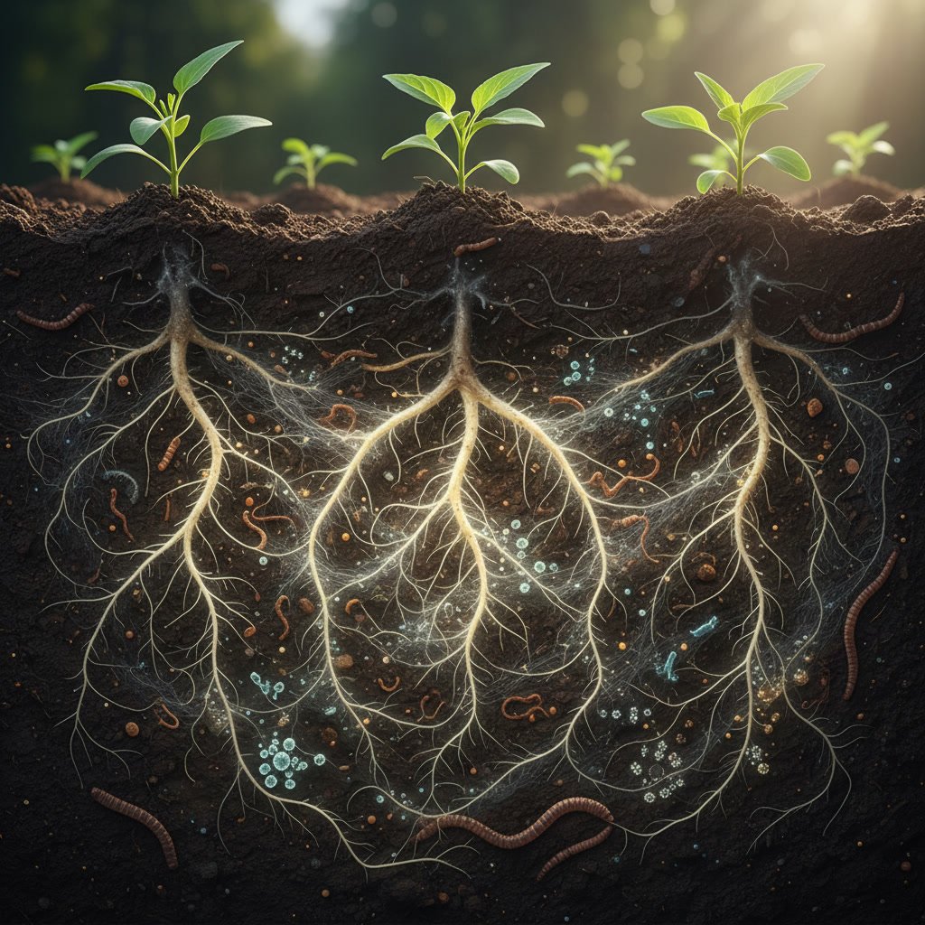 Healthy soil microorganisms surrounding plant roots in a thriving landscape
