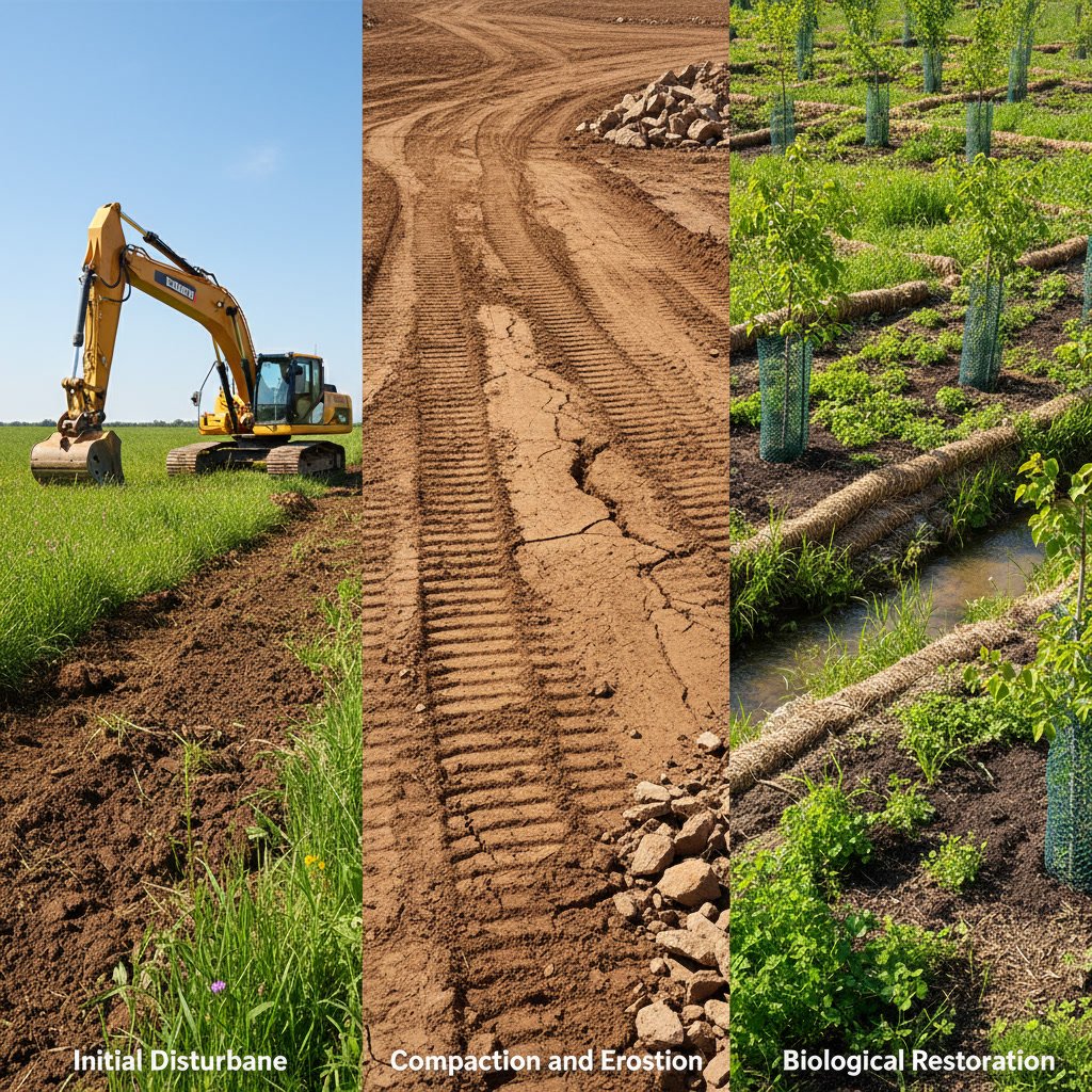 Compacted construction soil with poor drainage and visible surface crusting