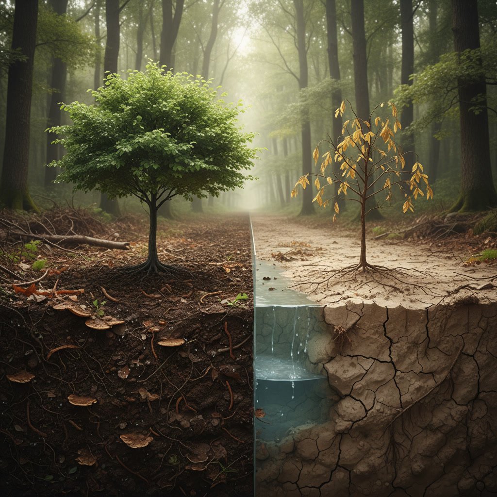 Healthy soil biology network retaining moisture around tree roots