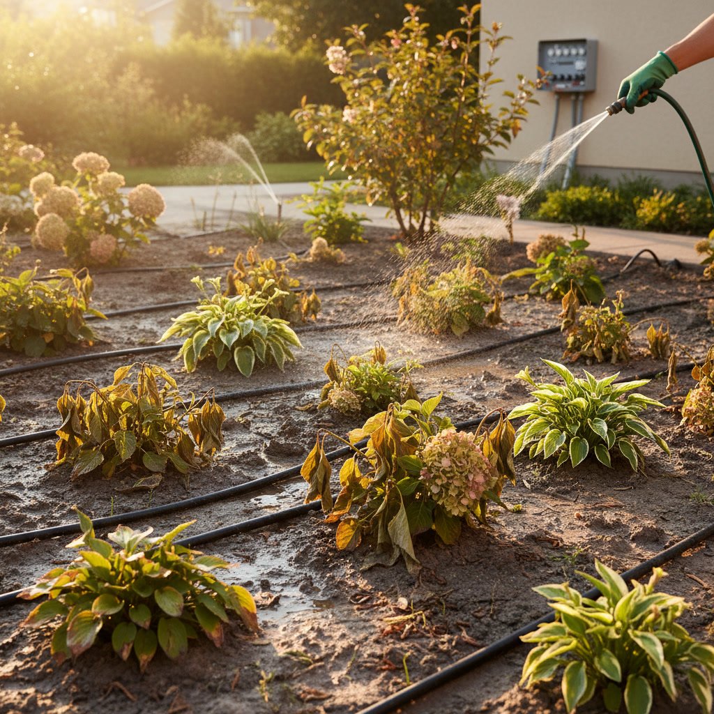 Wilting plants next to active sprinkler system showing poor soil moisture retention