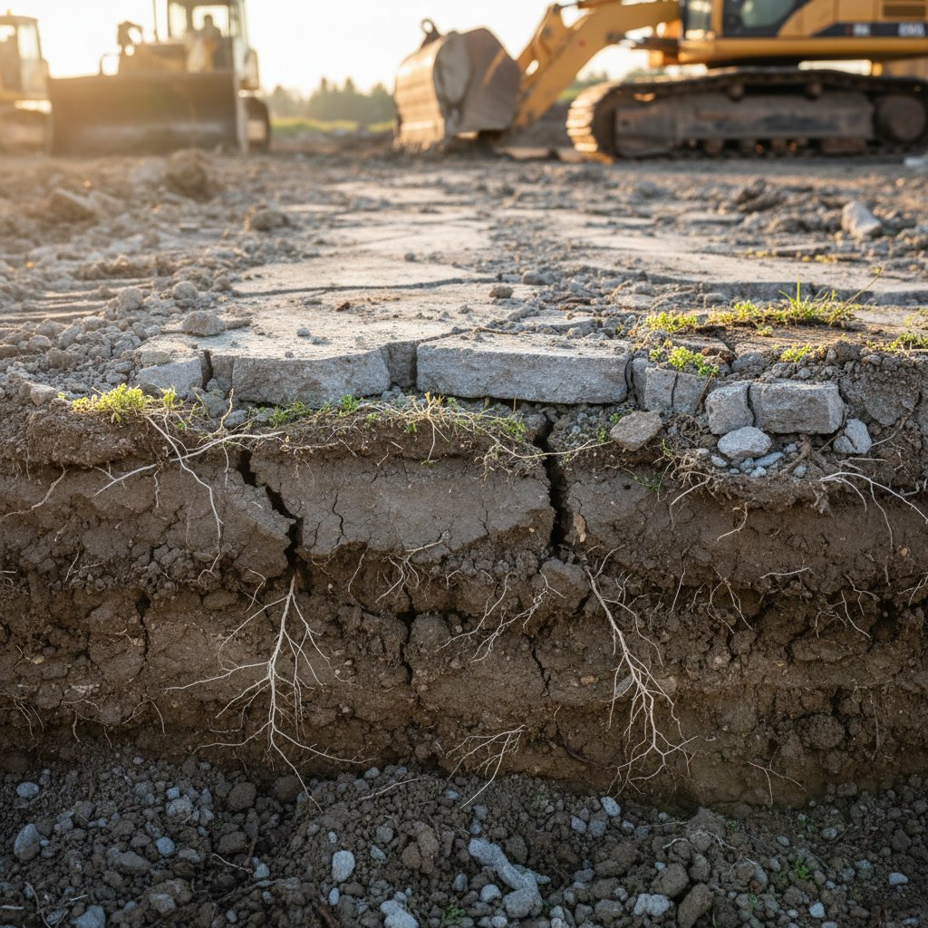 Construction equipment causing soil compaction damage in residential landscape